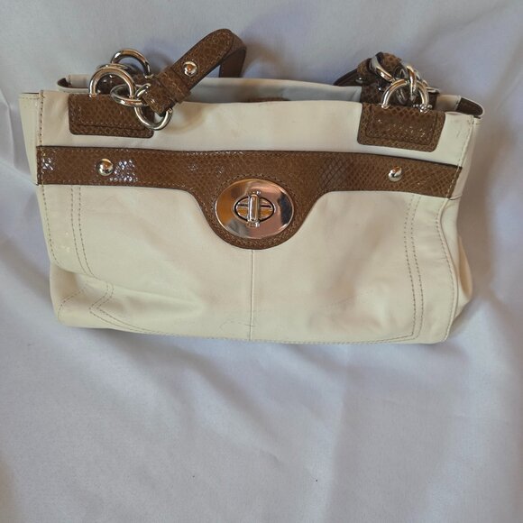 Coach Handbags - Coach Leather Purse | Cream & Brown Snake-Embossed Trim | Silver Hardware